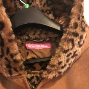 Beautiful Long Faux fur Coat, Tan with Leopard Fleece inside; New, "Woman Within